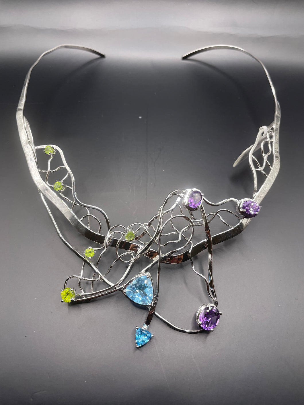 Amethyst, peridot and blue topaz, silver necklace